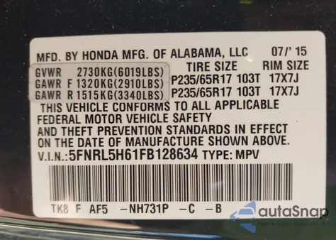 2015 Honda Odyssey Ex-L z USA, uszkodzony, nr VIN 5FNRL5H61FB128634